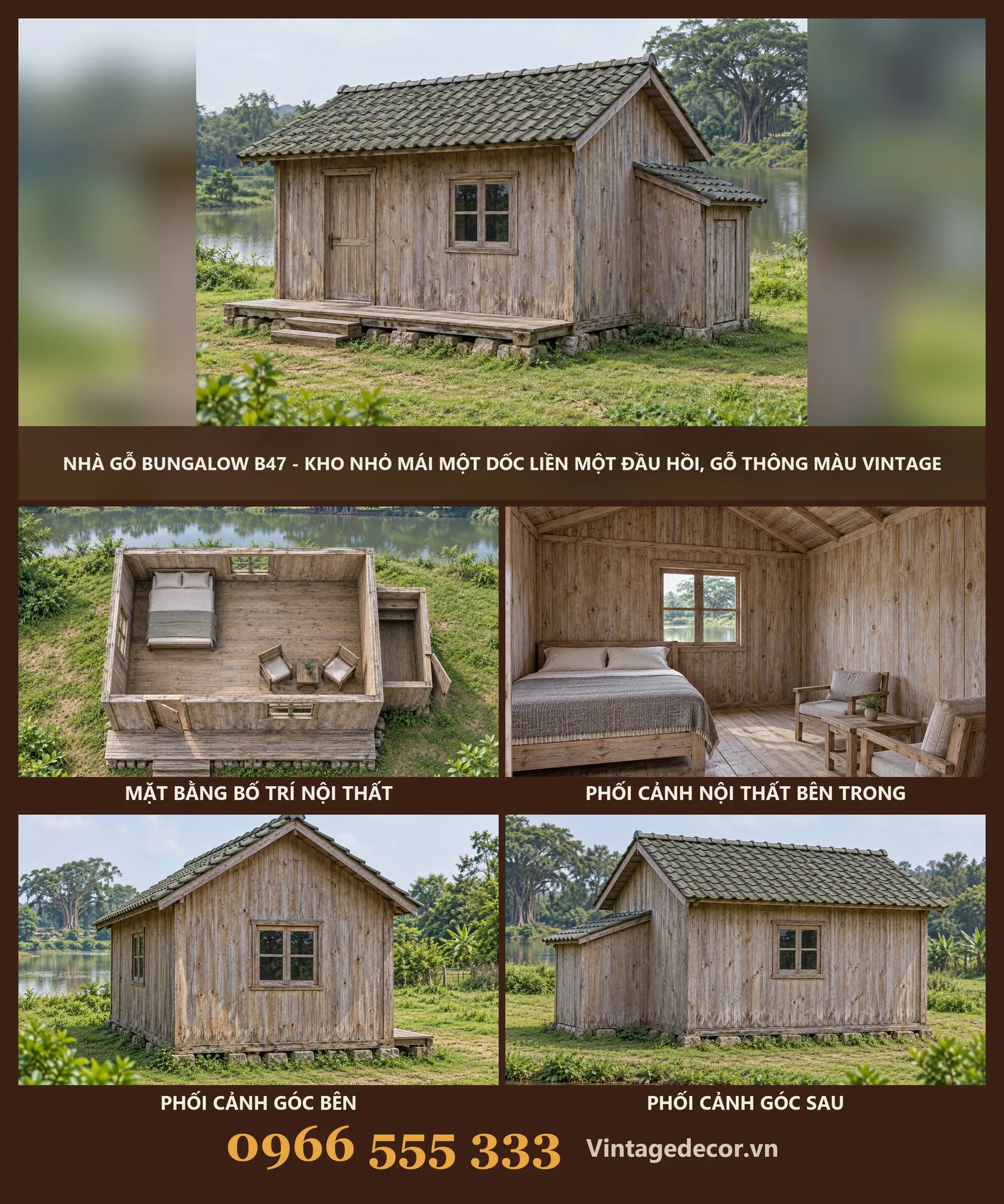 Nhà Gỗ Bungalow B47 Kho Nhỏ Mái Một Dốc