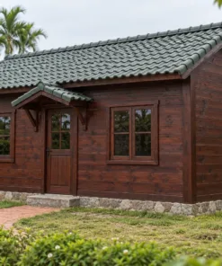 Nhà Gỗ Bungalow B48 - Mái Che Nhỏ Trên Cửa Đi Hai Con Sơn Chéo, Gỗ Thông Màu Nâu Cánh Gián