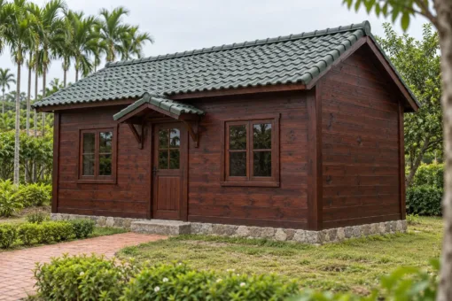 Nhà Gỗ Bungalow B48 - Mái Che Nhỏ Trên Cửa Đi Hai Con Sơn Chéo, Gỗ Thông Màu Nâu Cánh Gián Nhà Gỗ Bungalow B48 - Mái Che Nhỏ Trên Cửa Đi Hai Con Sơn Chéo, Gỗ Thông Màu Nâu Cánh Gián