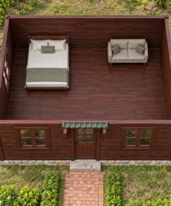 Nhà Gỗ Bungalow B48 - Mái Che Nhỏ Trên Cửa Đi Hai Con Sơn Chéo, Gỗ Thông Màu Nâu Cánh Gián