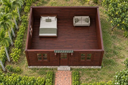 Nhà Gỗ Bungalow B48 - Mái Che Nhỏ Trên Cửa Đi Hai Con Sơn Chéo, Gỗ Thông Màu Nâu Cánh Gián Nhà Gỗ Bungalow B48 - Mái Che Nhỏ Trên Cửa Đi Hai Con Sơn Chéo, Gỗ Thông Màu Nâu Cánh Gián