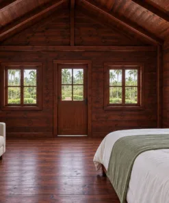 Nhà Gỗ Bungalow B48 - Mái Che Nhỏ Trên Cửa Đi Hai Con Sơn Chéo, Gỗ Thông Màu Nâu Cánh Gián