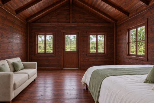 Nhà Gỗ Bungalow B48 - Mái Che Nhỏ Trên Cửa Đi Hai Con Sơn Chéo, Gỗ Thông Màu Nâu Cánh Gián Nhà Gỗ Bungalow B48 - Mái Che Nhỏ Trên Cửa Đi Hai Con Sơn Chéo, Gỗ Thông Màu Nâu Cánh Gián