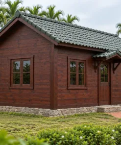 Nhà Gỗ Bungalow B48 - Mái Che Nhỏ Trên Cửa Đi Hai Con Sơn Chéo, Gỗ Thông Màu Nâu Cánh Gián
