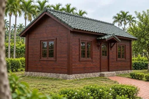 Nhà Gỗ Bungalow B48 - Mái Che Nhỏ Trên Cửa Đi Hai Con Sơn Chéo, Gỗ Thông Màu Nâu Cánh Gián Nhà Gỗ Bungalow B48 - Mái Che Nhỏ Trên Cửa Đi Hai Con Sơn Chéo, Gỗ Thông Màu Nâu Cánh Gián