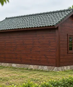 Nhà Gỗ Bungalow B48 - Mái Che Nhỏ Trên Cửa Đi Hai Con Sơn Chéo, Gỗ Thông Màu Nâu Cánh Gián