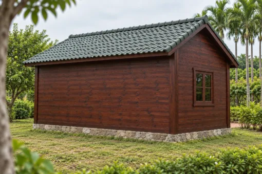 Nhà Gỗ Bungalow B48 - Mái Che Nhỏ Trên Cửa Đi Hai Con Sơn Chéo, Gỗ Thông Màu Nâu Cánh Gián Nhà Gỗ Bungalow B48 - Mái Che Nhỏ Trên Cửa Đi Hai Con Sơn Chéo, Gỗ Thông Màu Nâu Cánh Gián