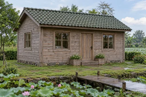 Nhà Gỗ Bungalow B49 - Bậc Gỗ Giữa Hai Bồn Hoa Gỗ Trước Cửa, Gỗ Thông Màu Vintage Nhà Gỗ Bungalow B49 - Bậc Gỗ Giữa Hai Bồn Hoa Gỗ Trước Cửa, Gỗ Thông Màu Vintage