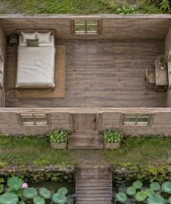 Nhà Gỗ Bungalow B49 - Bậc Gỗ Giữa Hai Bồn Hoa Gỗ Trước Cửa, Gỗ Thông Màu Vintage