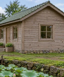Nhà Gỗ Bungalow B49 - Bậc Gỗ Giữa Hai Bồn Hoa Gỗ Trước Cửa, Gỗ Thông Màu Vintage