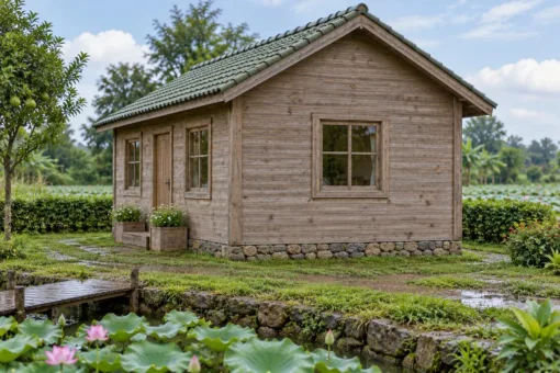 Nhà Gỗ Bungalow B49 - Bậc Gỗ Giữa Hai Bồn Hoa Gỗ Trước Cửa, Gỗ Thông Màu Vintage Nhà Gỗ Bungalow B49 - Bậc Gỗ Giữa Hai Bồn Hoa Gỗ Trước Cửa, Gỗ Thông Màu Vintage