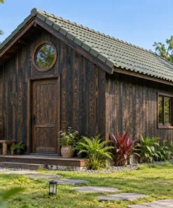 Nhà Gỗ Bungalow B50 - Cửa Sổ Tròn Đầu Hồi Trên Cửa Đi, Gỗ Thông Màu Gỗ Cháy