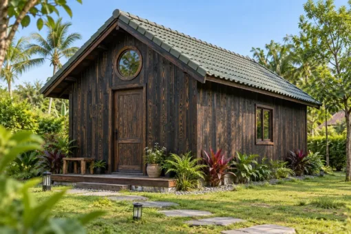 Nhà Gỗ Bungalow B50 - Cửa Sổ Tròn Đầu Hồi Trên Cửa Đi, Gỗ Thông Màu Gỗ Cháy Nhà Gỗ Bungalow B50 - Cửa Sổ Tròn Đầu Hồi Trên Cửa Đi, Gỗ Thông Màu Gỗ Cháy