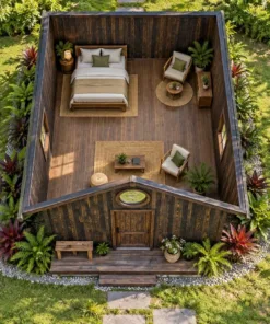 Nhà Gỗ Bungalow B50 - Cửa Sổ Tròn Đầu Hồi Trên Cửa Đi, Gỗ Thông Màu Gỗ Cháy