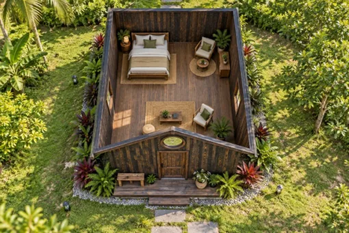Nhà Gỗ Bungalow B50 - Cửa Sổ Tròn Đầu Hồi Trên Cửa Đi, Gỗ Thông Màu Gỗ Cháy Nhà Gỗ Bungalow B50 - Cửa Sổ Tròn Đầu Hồi Trên Cửa Đi, Gỗ Thông Màu Gỗ Cháy