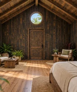Nhà Gỗ Bungalow B50 - Cửa Sổ Tròn Đầu Hồi Trên Cửa Đi, Gỗ Thông Màu Gỗ Cháy