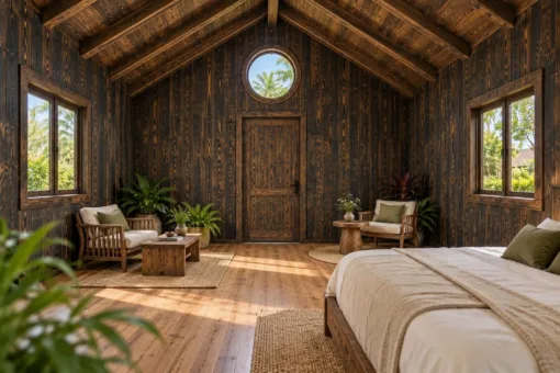 Nhà Gỗ Bungalow B50 - Cửa Sổ Tròn Đầu Hồi Trên Cửa Đi, Gỗ Thông Màu Gỗ Cháy Nhà Gỗ Bungalow B50 - Cửa Sổ Tròn Đầu Hồi Trên Cửa Đi, Gỗ Thông Màu Gỗ Cháy