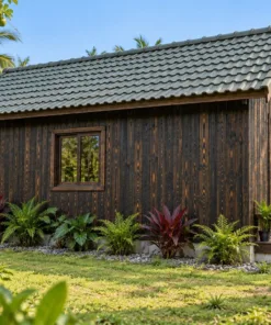 Nhà Gỗ Bungalow B50 - Cửa Sổ Tròn Đầu Hồi Trên Cửa Đi, Gỗ Thông Màu Gỗ Cháy