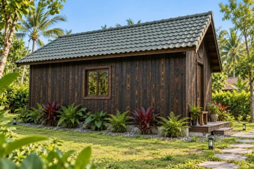 Nhà Gỗ Bungalow B50 - Cửa Sổ Tròn Đầu Hồi Trên Cửa Đi, Gỗ Thông Màu Gỗ Cháy Nhà Gỗ Bungalow B50 - Cửa Sổ Tròn Đầu Hồi Trên Cửa Đi, Gỗ Thông Màu Gỗ Cháy
