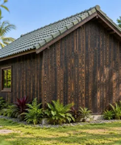 Nhà Gỗ Bungalow B50 - Cửa Sổ Tròn Đầu Hồi Trên Cửa Đi, Gỗ Thông Màu Gỗ Cháy