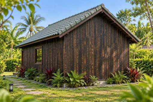 Nhà Gỗ Bungalow B50 - Cửa Sổ Tròn Đầu Hồi Trên Cửa Đi, Gỗ Thông Màu Gỗ Cháy Nhà Gỗ Bungalow B50 - Cửa Sổ Tròn Đầu Hồi Trên Cửa Đi, Gỗ Thông Màu Gỗ Cháy