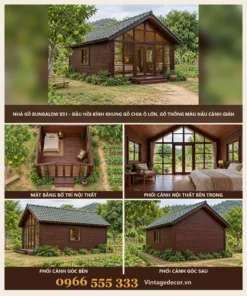 Nhà Gỗ Bungalow B51 - Đầu Hồi Kính Khung Gỗ Chia Ô Lớn, Gỗ Thông Màu Nâu Cánh Gián