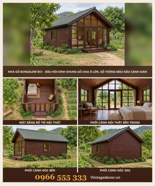 Nhà Gỗ Bungalow B51 - Đầu Hồi Kính Khung Gỗ Chia Ô Lớn, Gỗ Thông Màu Nâu Cánh Gián Nhà Gỗ Bungalow B51 - Đầu Hồi Kính Khung Gỗ Chia Ô Lớn, Gỗ Thông Màu Nâu Cánh Gián