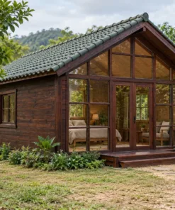 Nhà Gỗ Bungalow B51 - Đầu Hồi Kính Khung Gỗ Chia Ô Lớn, Gỗ Thông Màu Nâu Cánh Gián