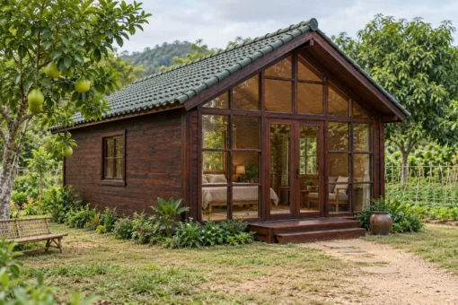 Nhà Gỗ Bungalow B51 - Đầu Hồi Kính Khung Gỗ Chia Ô Lớn, Gỗ Thông Màu Nâu Cánh Gián Nhà Gỗ Bungalow B51 - Đầu Hồi Kính Khung Gỗ Chia Ô Lớn, Gỗ Thông Màu Nâu Cánh Gián