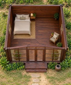 Nhà Gỗ Bungalow B51 - Đầu Hồi Kính Khung Gỗ Chia Ô Lớn, Gỗ Thông Màu Nâu Cánh Gián