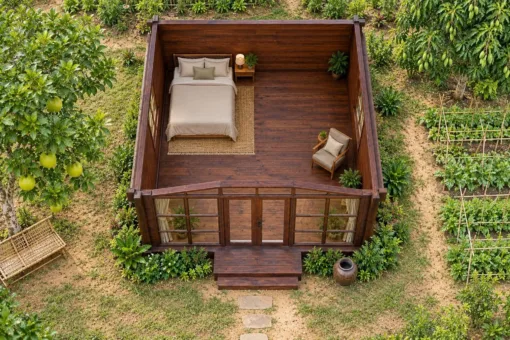Nhà Gỗ Bungalow B51 - Đầu Hồi Kính Khung Gỗ Chia Ô Lớn, Gỗ Thông Màu Nâu Cánh Gián Nhà Gỗ Bungalow B51 - Đầu Hồi Kính Khung Gỗ Chia Ô Lớn, Gỗ Thông Màu Nâu Cánh Gián