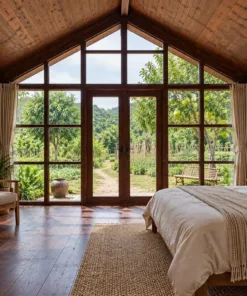 Nhà Gỗ Bungalow B51 - Đầu Hồi Kính Khung Gỗ Chia Ô Lớn, Gỗ Thông Màu Nâu Cánh Gián