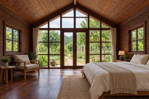Nhà Gỗ Bungalow B51 - Đầu Hồi Kính Khung Gỗ Chia Ô Lớn, Gỗ Thông Màu Nâu Cánh Gián Nhà Gỗ Bungalow B51 - Đầu Hồi Kính Khung Gỗ Chia Ô Lớn, Gỗ Thông Màu Nâu Cánh Gián