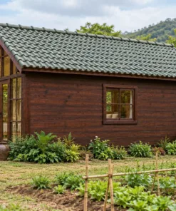 Nhà Gỗ Bungalow B51 - Đầu Hồi Kính Khung Gỗ Chia Ô Lớn, Gỗ Thông Màu Nâu Cánh Gián