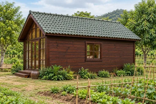Nhà Gỗ Bungalow B51 - Đầu Hồi Kính Khung Gỗ Chia Ô Lớn, Gỗ Thông Màu Nâu Cánh Gián Nhà Gỗ Bungalow B51 - Đầu Hồi Kính Khung Gỗ Chia Ô Lớn, Gỗ Thông Màu Nâu Cánh Gián