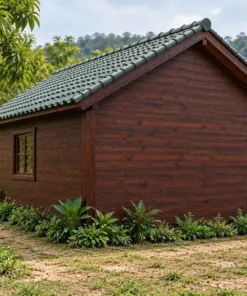 Nhà Gỗ Bungalow B51 - Đầu Hồi Kính Khung Gỗ Chia Ô Lớn, Gỗ Thông Màu Nâu Cánh Gián