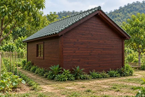 Nhà Gỗ Bungalow B51 - Đầu Hồi Kính Khung Gỗ Chia Ô Lớn, Gỗ Thông Màu Nâu Cánh Gián Nhà Gỗ Bungalow B51 - Đầu Hồi Kính Khung Gỗ Chia Ô Lớn, Gỗ Thông Màu Nâu Cánh Gián