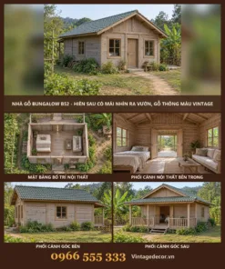 Nhà Gỗ Bungalow B52 - Hiên Sau Có Mái Nhìn Ra Vườn, Gỗ Thông Màu Vintage