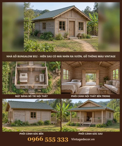 Nhà Gỗ Bungalow B52 - Hiên Sau Có Mái Nhìn Ra Vườn, Gỗ Thông Màu Vintage Nhà Gỗ Bungalow B52 - Hiên Sau Có Mái Nhìn Ra Vườn, Gỗ Thông Màu Vintage