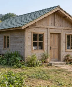 Nhà Gỗ Bungalow B52 - Hiên Sau Có Mái Nhìn Ra Vườn, Gỗ Thông Màu Vintage