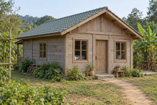 Nhà Gỗ Bungalow B52 - Hiên Sau Có Mái Nhìn Ra Vườn, Gỗ Thông Màu Vintage Nhà Gỗ Bungalow B52 - Hiên Sau Có Mái Nhìn Ra Vườn, Gỗ Thông Màu Vintage