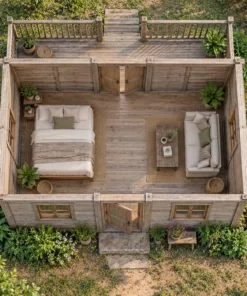 Nhà Gỗ Bungalow B52 - Hiên Sau Có Mái Nhìn Ra Vườn, Gỗ Thông Màu Vintage
