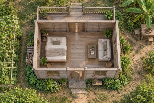 Nhà Gỗ Bungalow B52 - Hiên Sau Có Mái Nhìn Ra Vườn, Gỗ Thông Màu Vintage Nhà Gỗ Bungalow B52 - Hiên Sau Có Mái Nhìn Ra Vườn, Gỗ Thông Màu Vintage