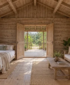 Nhà Gỗ Bungalow B52 - Hiên Sau Có Mái Nhìn Ra Vườn, Gỗ Thông Màu Vintage