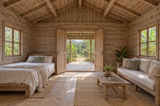 Nhà Gỗ Bungalow B52 - Hiên Sau Có Mái Nhìn Ra Vườn, Gỗ Thông Màu Vintage Nhà Gỗ Bungalow B52 - Hiên Sau Có Mái Nhìn Ra Vườn, Gỗ Thông Màu Vintage