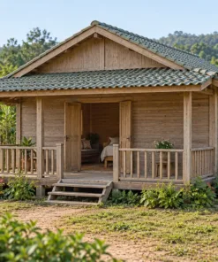 Nhà Gỗ Bungalow B52 - Hiên Sau Có Mái Nhìn Ra Vườn, Gỗ Thông Màu Vintage