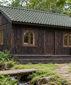 Nhà Gỗ Bungalow B53 - Bậc Gỗ Rộng Suốt Mặt Trước Không Lan Can, Gỗ Thông Màu Gỗ Cháy