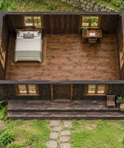 Nhà Gỗ Bungalow B53 - Bậc Gỗ Rộng Suốt Mặt Trước Không Lan Can, Gỗ Thông Màu Gỗ Cháy