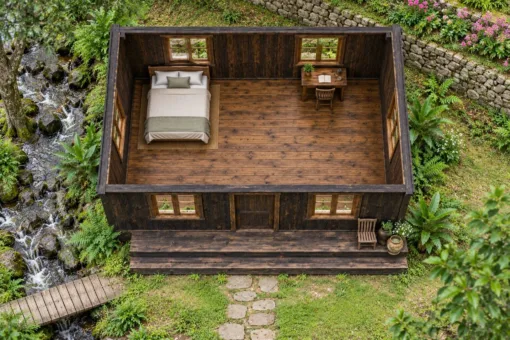 Nhà Gỗ Bungalow B53 - Bậc Gỗ Rộng Suốt Mặt Trước Không Lan Can, Gỗ Thông Màu Gỗ Cháy Nhà Gỗ Bungalow B53 - Bậc Gỗ Rộng Suốt Mặt Trước Không Lan Can, Gỗ Thông Màu Gỗ Cháy