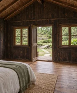 Nhà Gỗ Bungalow B53 - Bậc Gỗ Rộng Suốt Mặt Trước Không Lan Can, Gỗ Thông Màu Gỗ Cháy